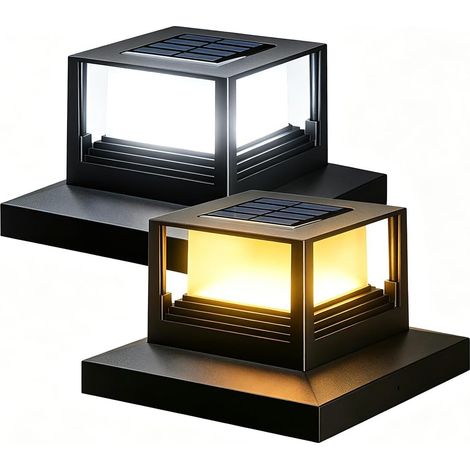 Lot de 2 Lampes Solaires pour Poteaux 9×9 11×11 12×12 13×13 14×14 cm  Éclairage pour Chapeaux de Poteaux, 3000K/6000K, ABS, IP44 Chapeau Poteau pour Jardin Terrasse, non pour 10x10 cm, Noires (1/5)