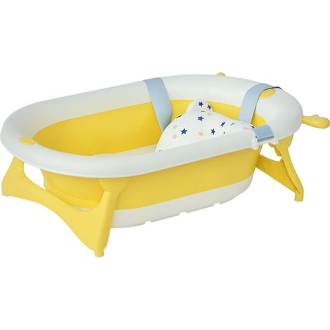 Vaschetta Bagnetto Pieghevole per Bambini 0-3 Anni con Indicatore di Temperatura e Cuscino, 81.5x50.5x23.5 cm, Giallo