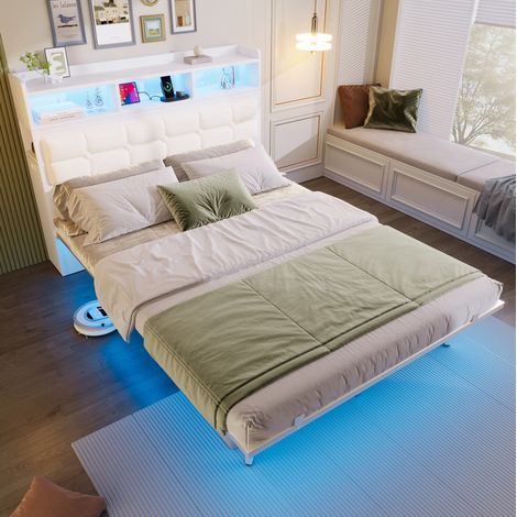 Letto matrimoniale in metallo e PU bianco 140x190 cm con rete, LED, USB/USB-C, prese e 2 comodini estraibili (1/5)