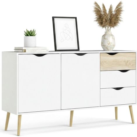 Dmora Aparador con dos puertas y tres cajones, blanco y roble, Medidas 147 x 81 x 39 cm, con embalaje reforzado