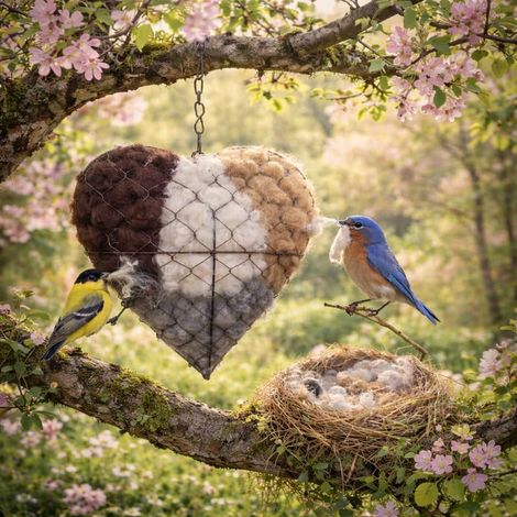 Material para nido de alpaca, nido de pájaro de fibra en forma de corazón hecho a mano, refugio para pájaros rellenable, para jardín y patio (1 pieza)