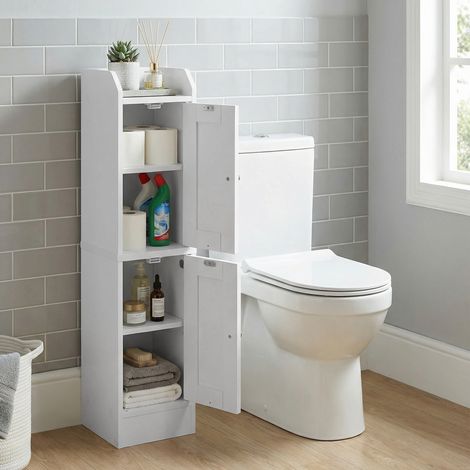 Vasagle – Colonne de salle de bain blanche – Rangement avec portes réversibles – Étagères ajustables – Système anti-basculement – 80 cm de hauteur