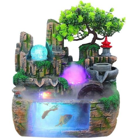 Fontaine d'intérieur en résine avec éclairage LED, nébuliseur Feng Shui, 30 x 20 x 30 cm, idéale pour un bureau ou une chambre. (1/5)