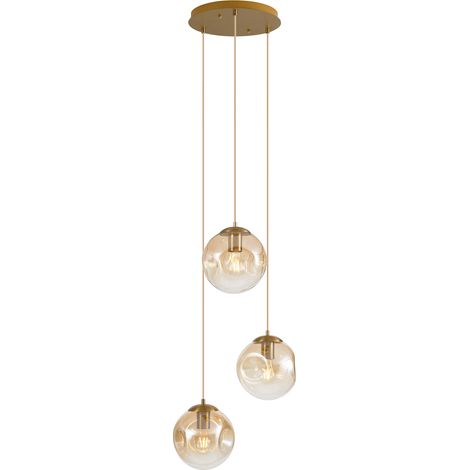 Art Deco Hängelampe Messing mit bernsteinfarbenem Glas 3-Lichter - Douglass