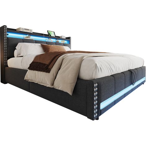 Lit rembourré 180 x 200 cm avec LED, USB, tête de lit à étagères et coffre relevable, tissu gris, sommier inclus – CHICFURN (1/5)