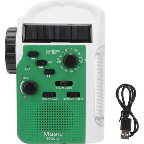 Radio AM FM avec lampe torche LED alerte solaire dynamo manivelle pour urgence extérieur vert (1/5)