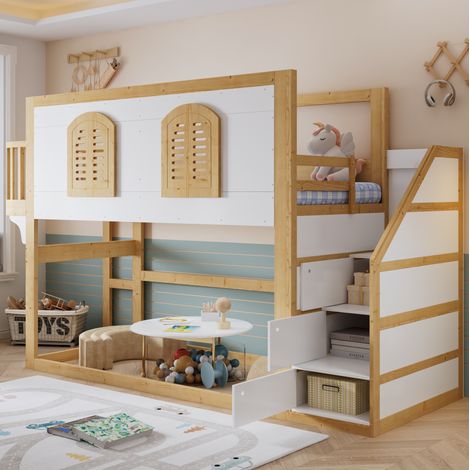 DESVIAE Lit mezzanine enfant avec escalier rangement espace de jeu et fenêtres arquées sommier à lattes bois massif blanc et naturel 90x200 cm (1/5)