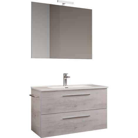 Mama Store 80-Mobile Bagno Sospeso 80 CM QUERCIA NATURALE con Lavabo, Specchio e Lampada LED, L.81 X P.47 X H.53 cm, Legno, 81 X P. 47 (1/5)