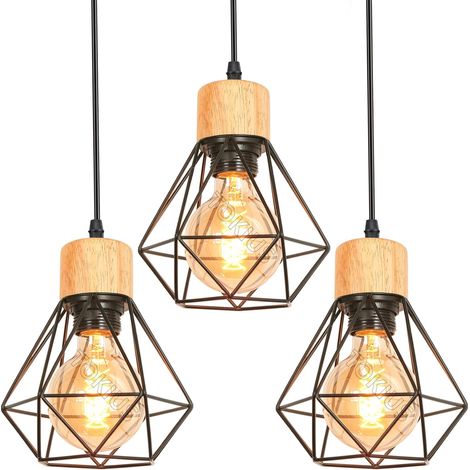 Lot de 3 Suspension Luminaire Métal Bois E27 Design Industriel Rétro Pour Salon Cuisine Chambre (1/5)