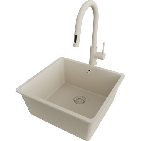 PRIMAGRAN Evier Cuisine en Granit 46x44cm,Lavabo 1 bac + Robinet 40x20cm + Kit de Vidage, Évier à Encastrer au meuble 50cm - Venise Slim Easy, Beige (1/5)