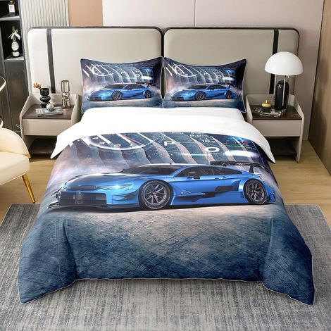Parure de lit 100 % coton avec housse de couette de 135 x 200 cm et 1 taie d'oreiller - Motif voiture de course - Thème sport extrême - Pour chambre à coucher (1/5)