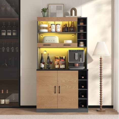 Credenza da cucina 100x47x187 cm in legno con LED, ripiani laterali regolabili, 4 ante e vinoteca, nero e naturale (1/5)
