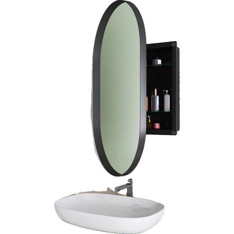Miroir Armoire, Design Encastré, Étagères Réglables, Ovale Noir (1/2)