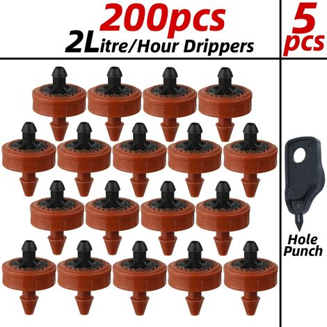 (Goutteur 2 L - 200 pièces) Goutteur d'irrigation goutte à goutte automatique 1/4'' pour jardin, débit constant et économie d'eau, idéal pour serres et bonsaïs. (1/4)