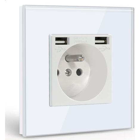 GABRIELLE Presa a muro con 2 porte USB, presa di corrente CA 16A con pannello in vetro, multipresa a muro Max 2,1A, adatta per smartphone, tablet (1 presa con 2 porte USB, bianco) (1/5)