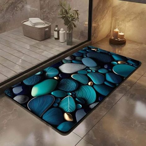 Tapis de bain en terre de diatomées antidérapant joli motif 3D doux absorbant et à séchage rapide 60 x 40 cm Pierre Bleu (1/4)