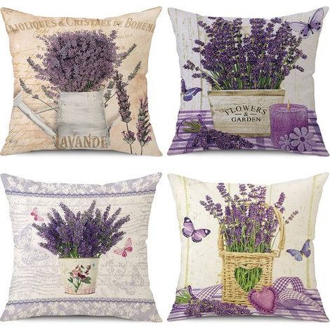Lot de 4 taies d'oreiller décoratives à motif floral, Lavande , style rétro, pour canapé, chambre, salon, voiture, décoration d'intérieur, lin, 45 x 45 cm, violet (1/4)