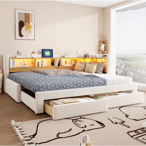 MODFU – Cama tipo banco infantil 90x200 cm de tela extensible 180x200 cm con estructura en L, LED, enchufe y 24 lamas – Beige (1/5)