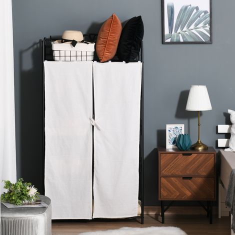 Armario para dormitorio de adulto, ropero, almacenamiento múltiple, 5 estantes, 84 cm de largo x 42 cm de ancho x 159 cm de alto, metal negro, 2 cortinas blancas