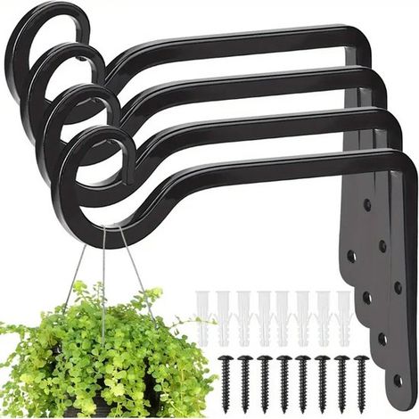 Paquete de 4 colgadores para plantas  Gancho de pared resistente de 15 cm  Metal negro  Apto para uso interior y exterior