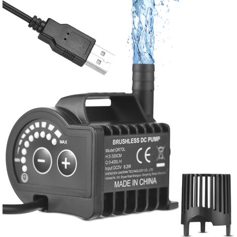 Tauchfähige 5V-Wasserpumpe, 8 Stufen einstellbar, 0-400L/h, 0-9,8 Fuß Förderhöhe, 6,5 Fuß USB-Ladeanschluss, Saugnapfbasis für Aquarien, Teiche und Haustiertränken