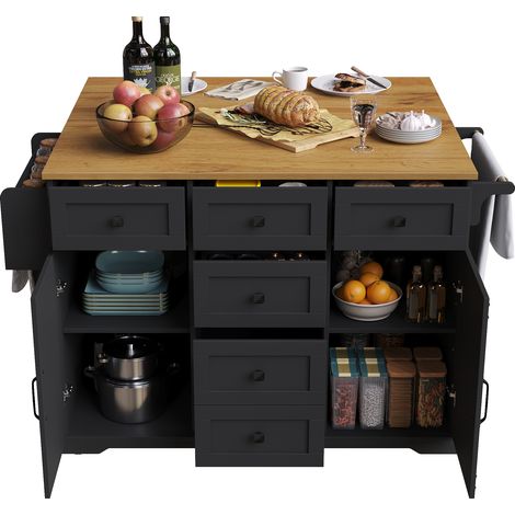 Îlot central pliable avec rangement, desserte de cuisine convertible en table, îlot de cuisine noir en MDF et métal, 60 kg (1/5)