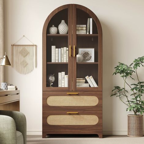 Buffet de 175x80x40 cm portes verre 2 tiroirs rotin étagères réglables anti-basculement noyer rétro chics (1/5)