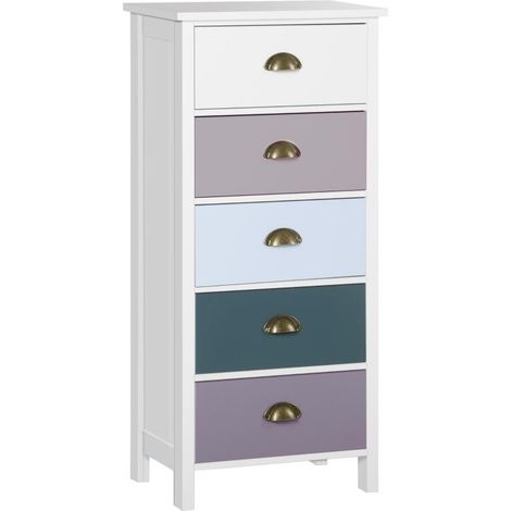 Chiffonnier 5 tiroirs multicolores en MDF avec poignées en métal, meuble de rangement compact 45x30x95,4 cm (1/5)