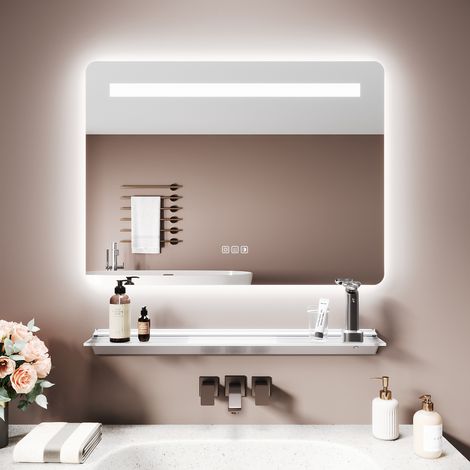 SIRHONA Miroir lumineux de salle de bain avec étagère éclairée - Miroir Carré à Double Éclairage Intelligent, Anti-Buée, 3 Températures de Couleur & Réglage Continu, 80x60 cm