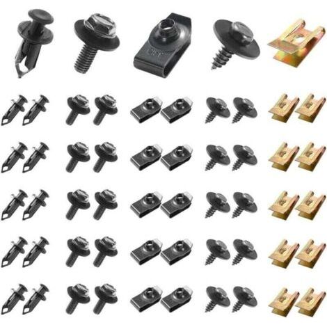 Kit de fixation universel  100 pièces pour voiture : vis de soubassement, vis de carrosserie, clips en plastique, rivets, écrous en U et boulons de garde-boue. (1/4)