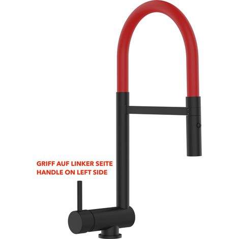Mitigeur De Cuisine Rabattable Robinet Sous Fenêtre 6CM, Poignée à GAUCHE, avec bec pivotant 360° et douchette 2-jets détachable, Noir Mat / Rouge (1/5)