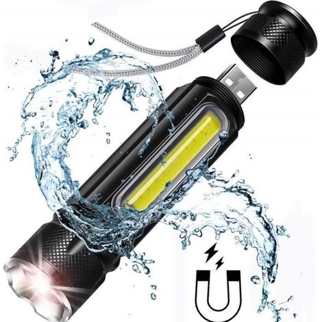 Multifunktionale LED-Taschenlampe mit USB-Akku, leistungsstarker T6-Taschenlampe, seitlichem COB-Licht und Rücklicht (1/4)