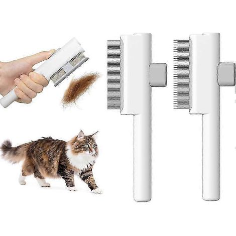 Lot de 2 peignes pour chats, peigne anti-puces autonettoyant, brosse de toilettage avec bouton de déverrouillage et dents rondes en métal pour démêler les poils morts. (1/5)