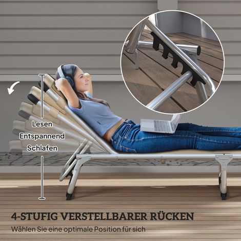Transat pliable, chaise longue extérieure avec repose-tête, fauteuil inclinable ergonomique à dossier ajustable 4 positions, aluminium, capacité max 120 kg, pour terrasse, jardin, piscine, plage, beig (1/4)