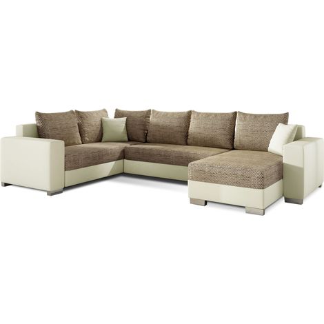 Canapé U convertible tissu beige chiné et simili beige coffre de rangement à droite Marry 321cm (1/5)