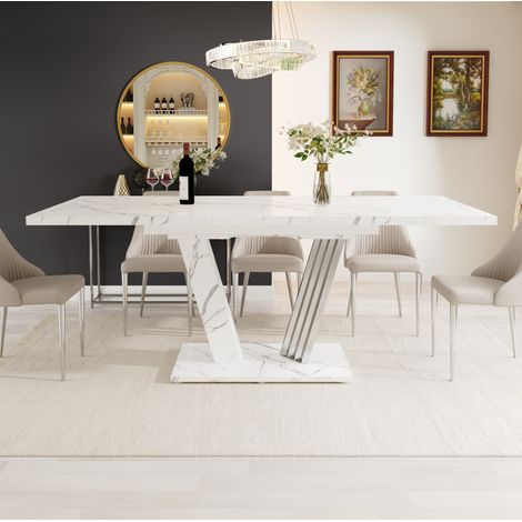 Tavolo allungabile bianco effetto marmo 120-160 x 80 x 76 cm in MDF e metallo (1/5)