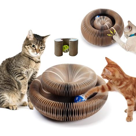 Griffoir pour Chats avec Clochette, Grand Cat Scratcher Board, Tableau à Gratter pour Chat, Papier ondulé recyclé, Jouet pour Chat lit Rond, Jouet à gratter interactif Pliable (1/5)