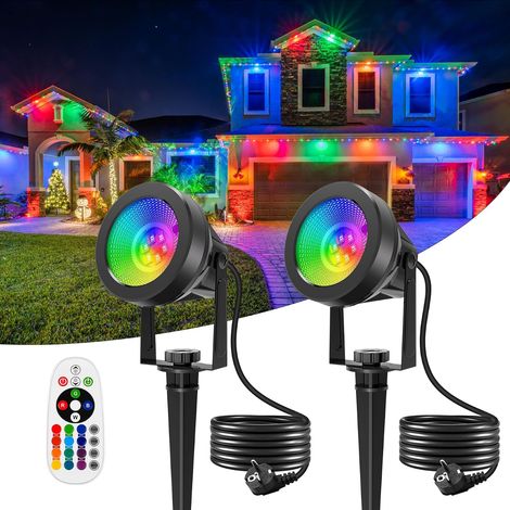 Spot LED Extérieur RGB, 2 Pièces 16 Couleurs et 4 Modes Eclairage Exterieur avec Télécommande, Projecteur LED avec Prise, IP65 Étanche Lampe pour Jardin, Chemin, Terrasse, Christmas (1/5)