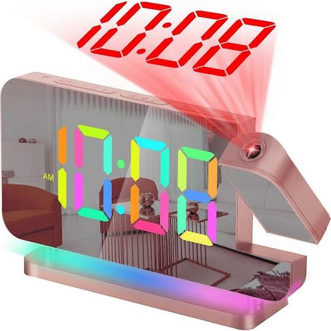 Réveil à projection, horloge numérique miroir LED de 7,4 pouces, grand écran, projecteur rotatif à +180°, avec veilleuse, or rose. (1/5)