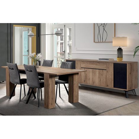 Altobuy – Ensemble buffet 4 portes + table allongeable 180-230 cm – Structure en panneaux de particules – Revêtement bois naturel et noir (1/5)