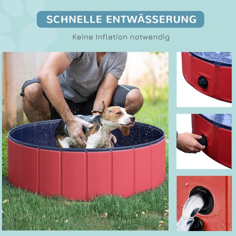 Baignoire pliable PawHut pour chien et chat, piscine extérieure en plastique et bois, rouge, diamètre 100 x hauteur 30 cm (1/4)