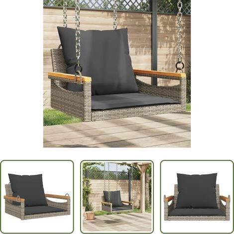 Meuble extérieur - Balancelle avec coussins gris 63x62x40 cm résine tressée (1/5)
