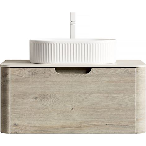 Mueble baño suspendido 80 cm con lavabo ovalado de cerámica y encimera travertino (1/5)