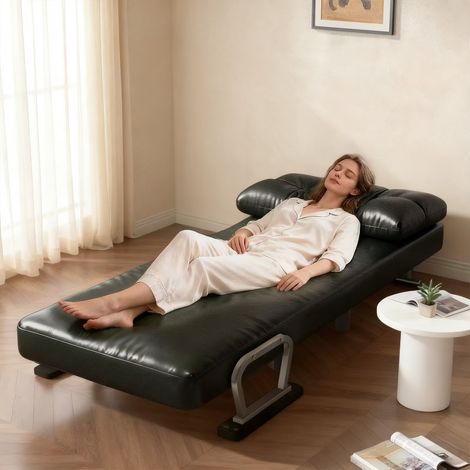 Fabulcozy Sofá cama individual, convertible, con cojín extraíble de piel sintética, suave y cómodo, ideal para salón y oficina (verde) (1/4)