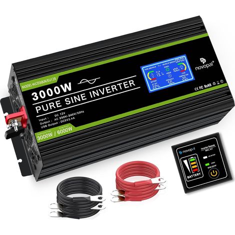Convertisseur Pur Sinus 3000W Onduleur 12V 220V Transformateur  5m télécommande,2 EU Prises et écran LCD,pour Voiture, Caravane, Bateau, Camping, Voyage (1/5)