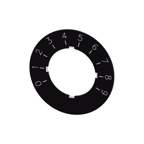 Targhetta di identificazione per potenziometro, etichetta nera, caratteri bianchi, con scritta: 0-9 Diametro esterno 40 mm
