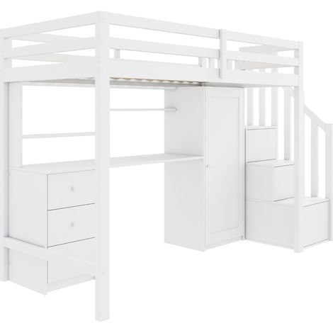 Lit mezzanine enfant 90 x 200 cm blanc avec bureau, armoire, tiroirs et escalier (1/5)