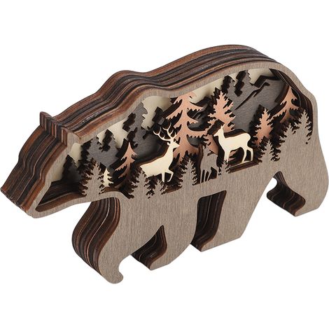 Lot en bois sculpté ours et cerf lumineux LED, décoration animale forêt, gravure multicouche, cadeau décoration bureau maison (ours, avec batterie intégrée) (1/5)