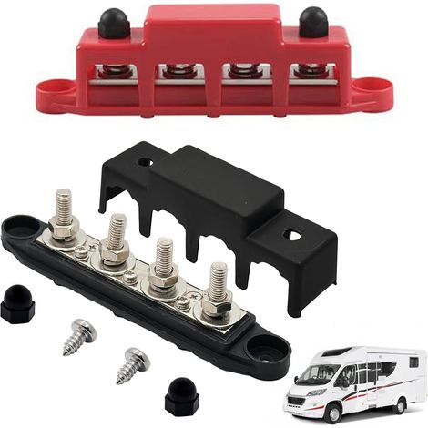 Bornier 12v, 2pcs Bloc de Distribution D'alimentation 12V-24V DC BusBar 250A Barres de Distribution D'énergie avec 4 x M8 Boulons de Borne pour Voiture Camion Bateau Rouge Noir (1/5)