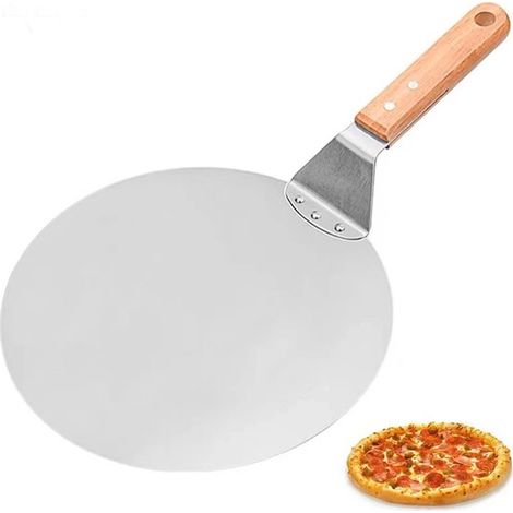 Pala per pizza rotonda 25,5×25,5 cm – manico in legno da 14 cm, acciaio inox, per pizza, pancake, torte (1/5)